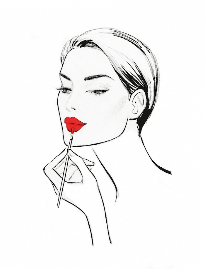 Schönes Frauengesicht, roten Lippenstift auftragen, Bild zum Nachzeichnen