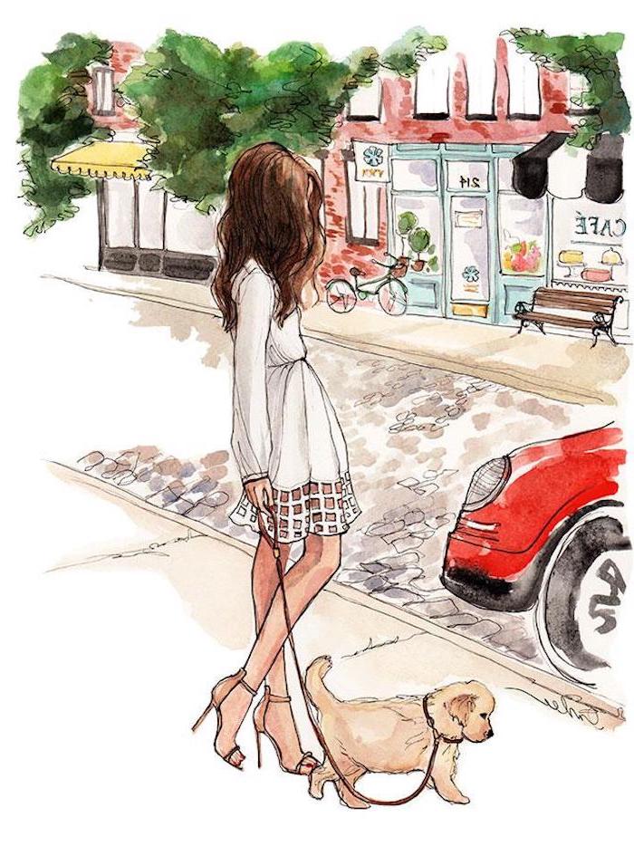 Schönes Bild zum Nachzeichnen, Frau und Hund, weißes Kleid mit langen Ärmeln, lange braune Haare