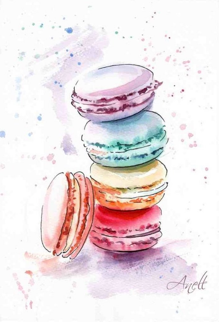 Fünf französische Macarons, fünf verschiedene Farben, schöne Zeichnungen zum Nachmalen