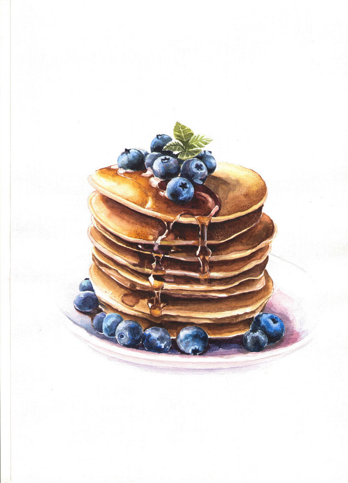 Pfannkuchen mit Honig Blaubeeren und Minze, in weißem Teller, schöne Zeichnung