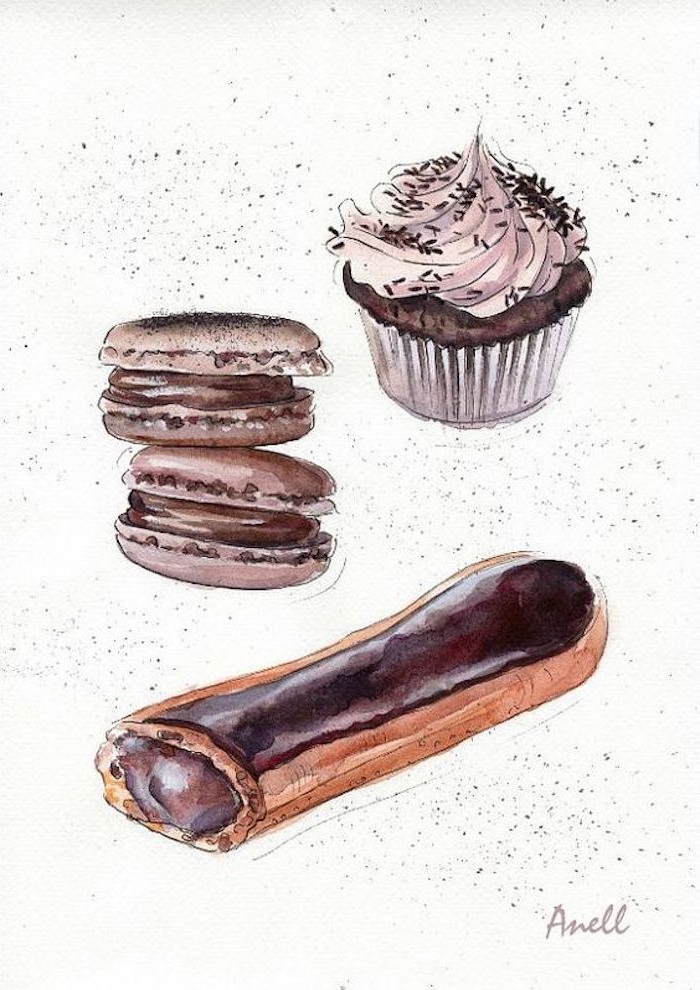 Schönes Bild zum Nachmalen, Windbeutel mit Schokolade, französische Macarons und Cupcake mit Sahne 