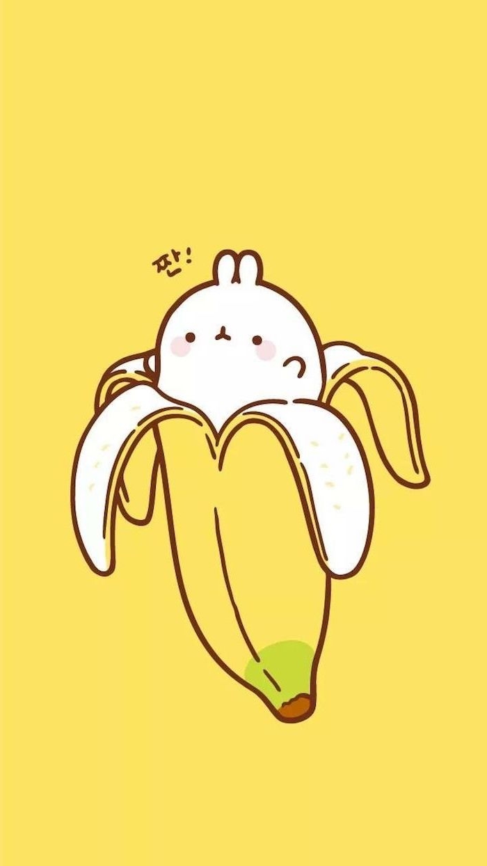 Kawaii Bild zum Nachmalen, Banane selber zeichnen, gelber Hintergrund, süße Bilder zum Nachzeichnen
