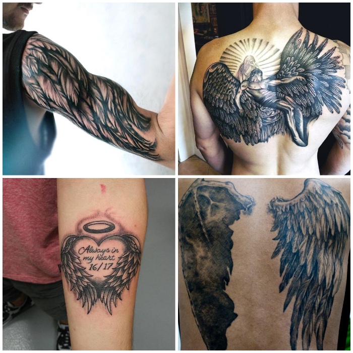 tattoo engel, herz mit flügeln und spruch, rücken tätowieren lassen, collage