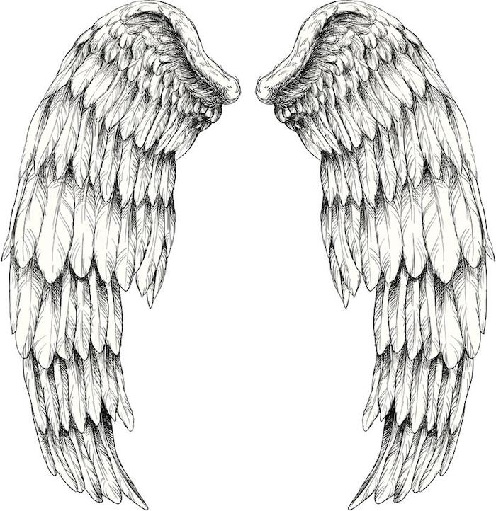 tattoo engel vorlage, große engelsflügel, weißer hintergrund, tätowierung für den rücken
