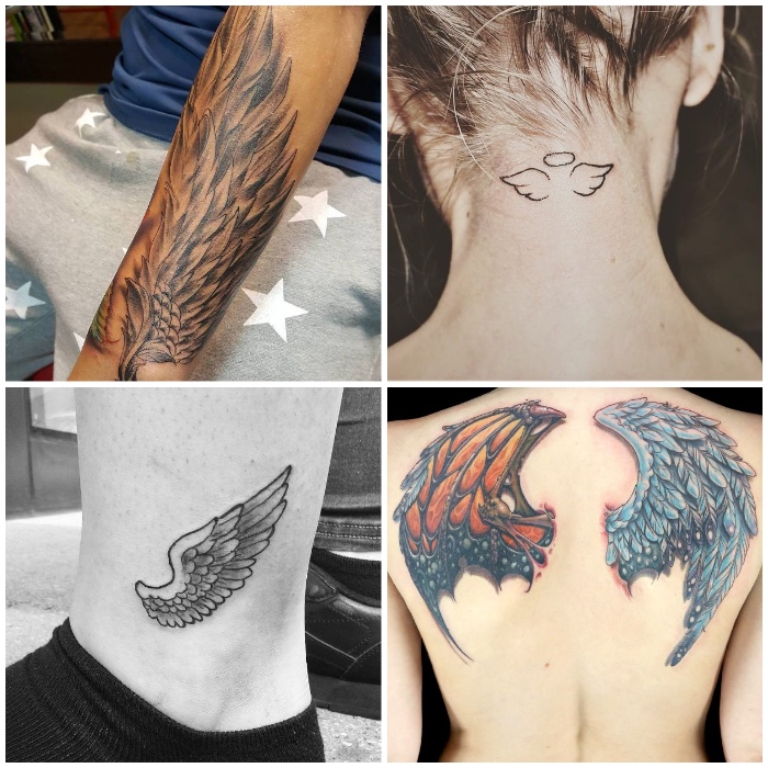 tattoo engelsflügel am nacken, teufel und enegel tattoo, verschiedenartige farbige flügel