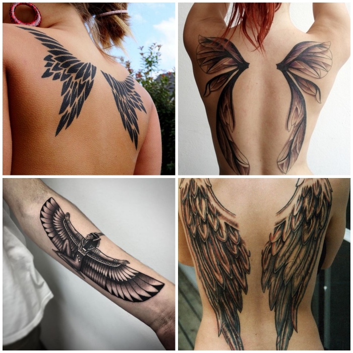 tattoo engelsflügel am rücken, tätowierung mit ägypthischen motiv, tattoos für frauen