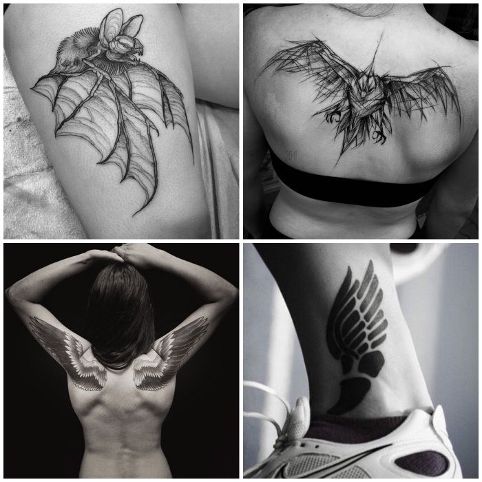 tattoo flügel für frauen, unterschiedliche designs, fledermaus am oberschenkel, vogel am rücken