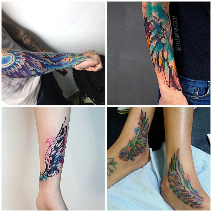 unterarm tätowieren lassen, tattoo flügel, wasserfarben tätowierungen, farbige tattoo designs