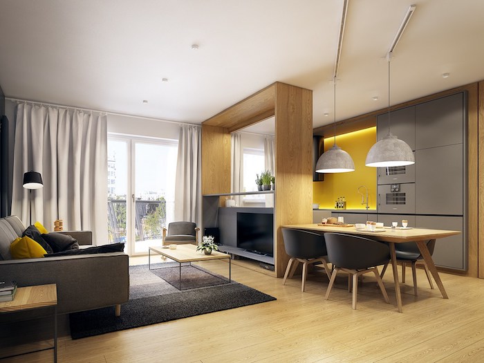 wandfarben ideen wohnzimmer und küche in einem, einrichtung in grau und gelb, parkett
