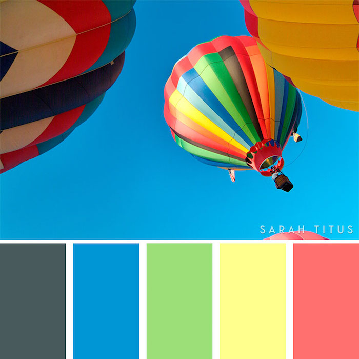 wandfarben ideen wohnzimer, heißluftballons in bunten farben, farbschema