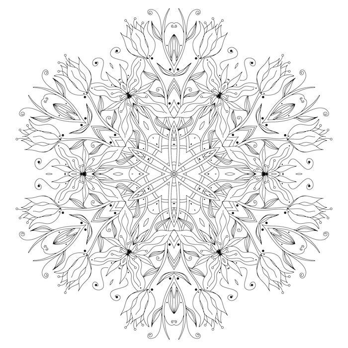 ein mandala ausmalbild mit vielen kleinen und großen weißen blumen mit weißen blättern, mandalas ausmalen kostenlos