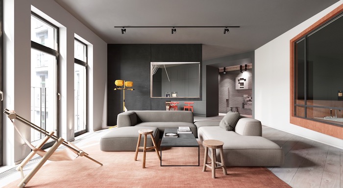 welche farbe passt zu grau, kupferfarbener teppich, designer sofa, wohnzimmer einrichtung