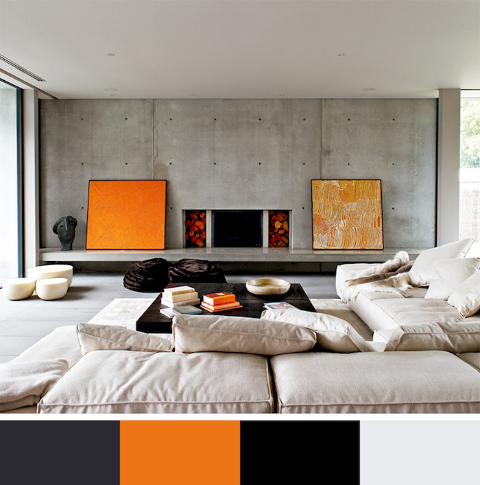 welche farben passen zusammen, wände in beton optik, weißes sofa, einchtung in schwarz, weiß und orange