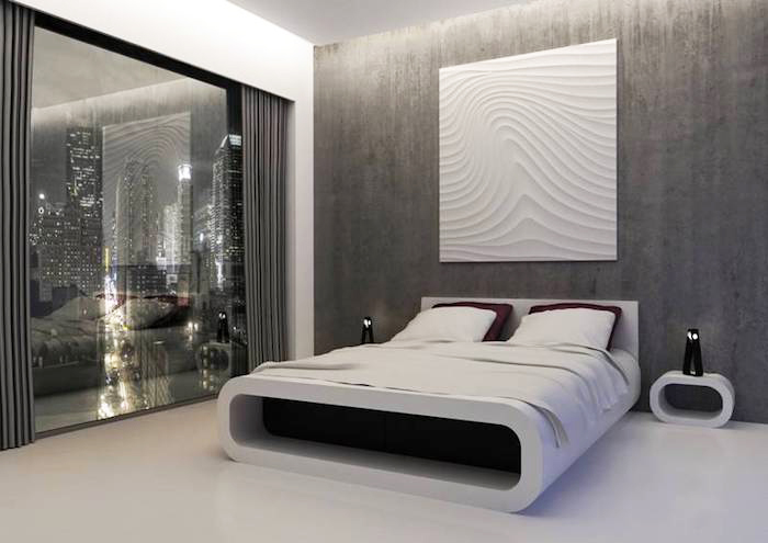 wohnideen schlafzimmer, graue wand in beton optik, 3d wandpaneel, designer möbel