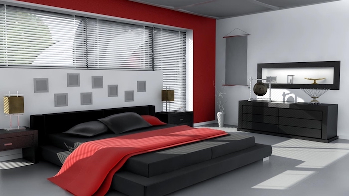 wohnideen schlafzimmer, einrichtung in schwarz, weiß und rot, möbel set, spiegle mit unterschrank