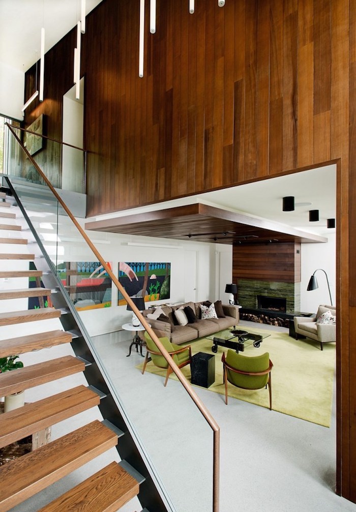 kreatives und schönes wohnzimmer gestalten in braun und grün, teppich, wanddeko ideen