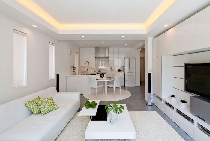 moderne wohnzimmermöbel in dezenten farben und gestaltungen, sofa mit zwei kissen, weißer holztisch und eine grüne pflanze darauf