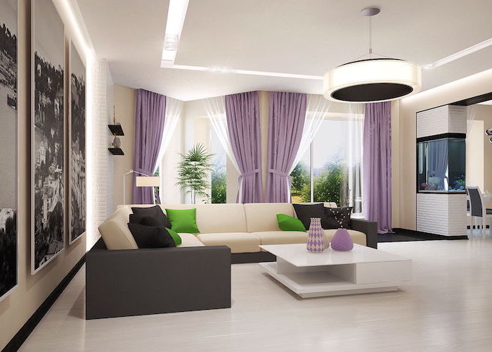 ideen für moderne wohnzimmermöbel in beige, braun und lila, quadratischer tisch mit lila vasen darauf