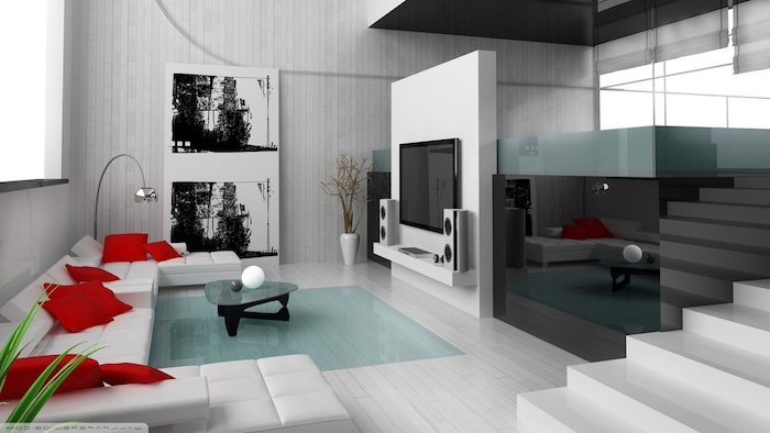 wohnzimmer inspiration von der meerestiefe, weißes sofa, rote kissen, schwarzer kleiner tisch, weiße deko, treppe, bilder