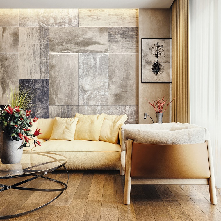 steinwand gestaltung im wohnzimmer modern, dekorationen auf dem glastisch, sofa, sessel