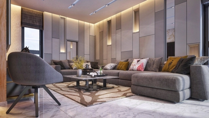 schöne wohnzimmer ideen in grau mit feiner beleuchtung zur guten balance, sofa, mit deko kissen, lampen