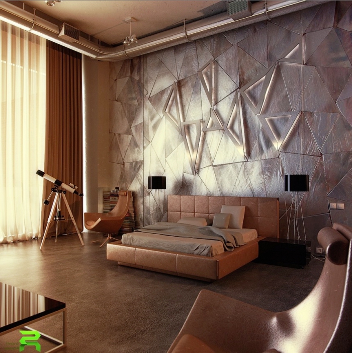 zimmer ideen, wanddeko schlafzimmer, geometrische paneele mit led beluchtung, designer möbel