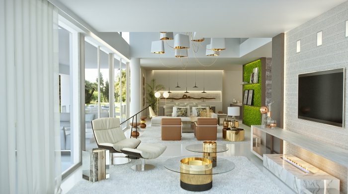 wohnung einrichten, moderne wohnzimmereinrichtung in weiß, möbel mit goldenen elementen