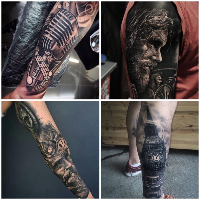 3d tattoos in schwarz und grau, mikrofon mit noten, london uhrturm am bein, mann 