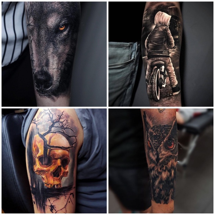 3d tattoos, realitische tätowierungen, wolf mit orangenfarbenen augen, schädel in kombination mit baum, kind mit fahrrad