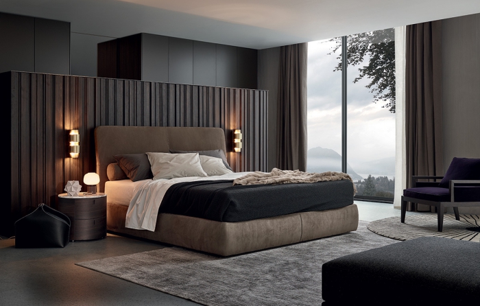 wohnungseinrichtung ideen, modernes schlafzimmer design, braunes bett, runde nachttische