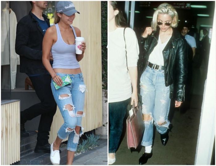 typisch 80er abgeschnittene jeans gigi hadid heute und eine andere star damals, sneakers socken