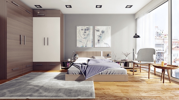 schlafzimmer gestalten, zimmer ideen, möbel set in weiß udn braun, zwei abstrakte bilder, frauengesichter