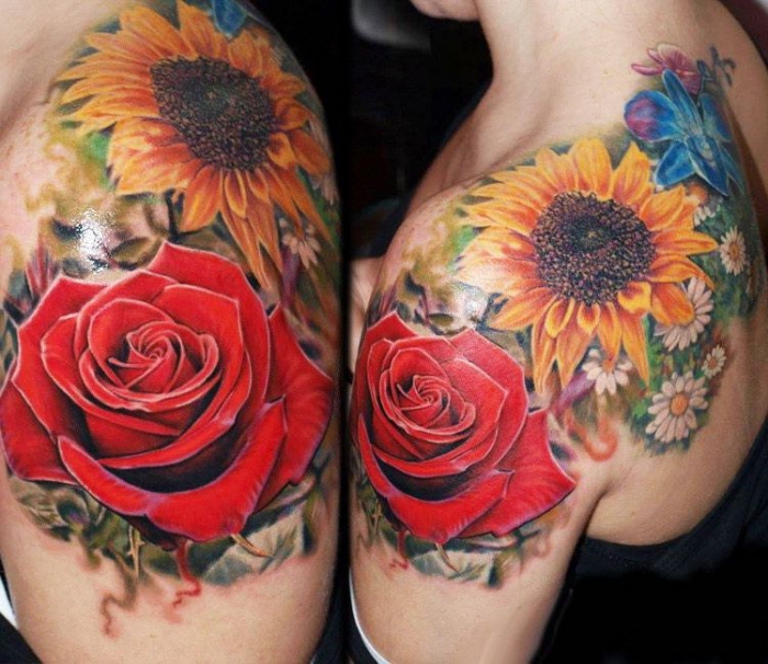 tätowierung mit blumen als motiv, amazing tattoos für frauen, sonnenblume und rote rose