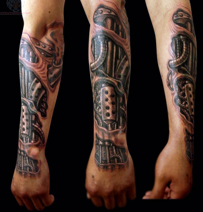 amazing tattoos, zerrissene haut, maschinenteilen als motic, biomechanical tattoo