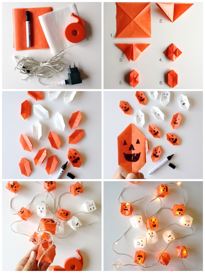 bastelideen halloween, basteln mit papier, origami kürbisse falten, licherkette deko