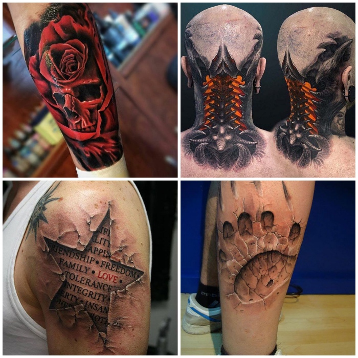 beste tattoos, 3d tätowierungen, roter schädel in rose, stern mit schriftzüge, bärenpranke