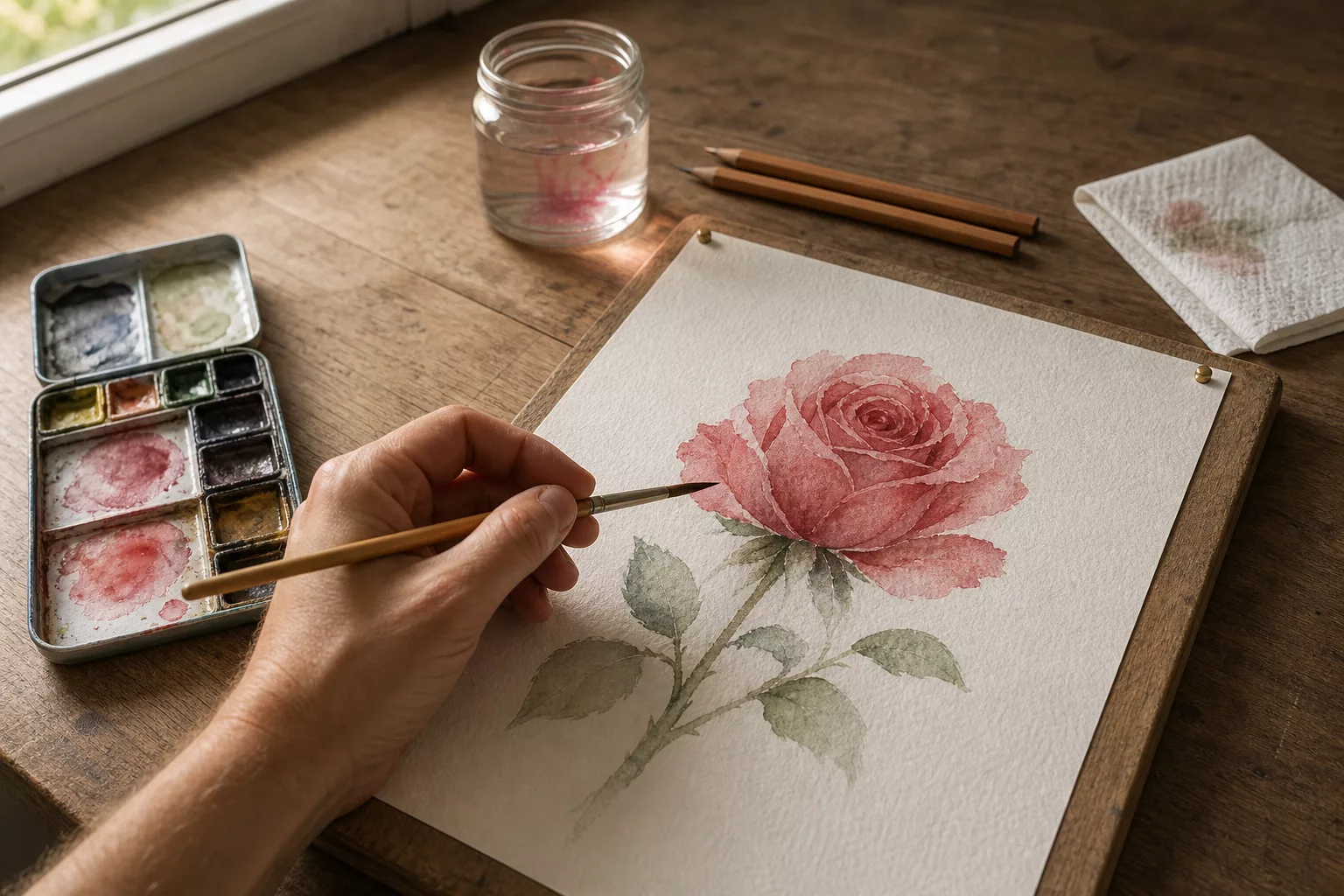Hand zeichnet eine Rose: Bilder zum Nachzeichnen mit Aquarellfarben