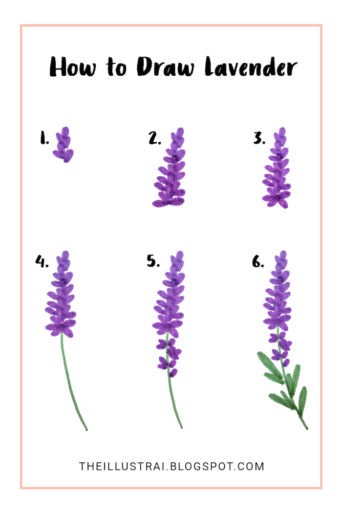 Lavendel zeichnen mit Filzstiften, Anleitung in sechs Schritten für Anfänger, leichte Zeichnungen