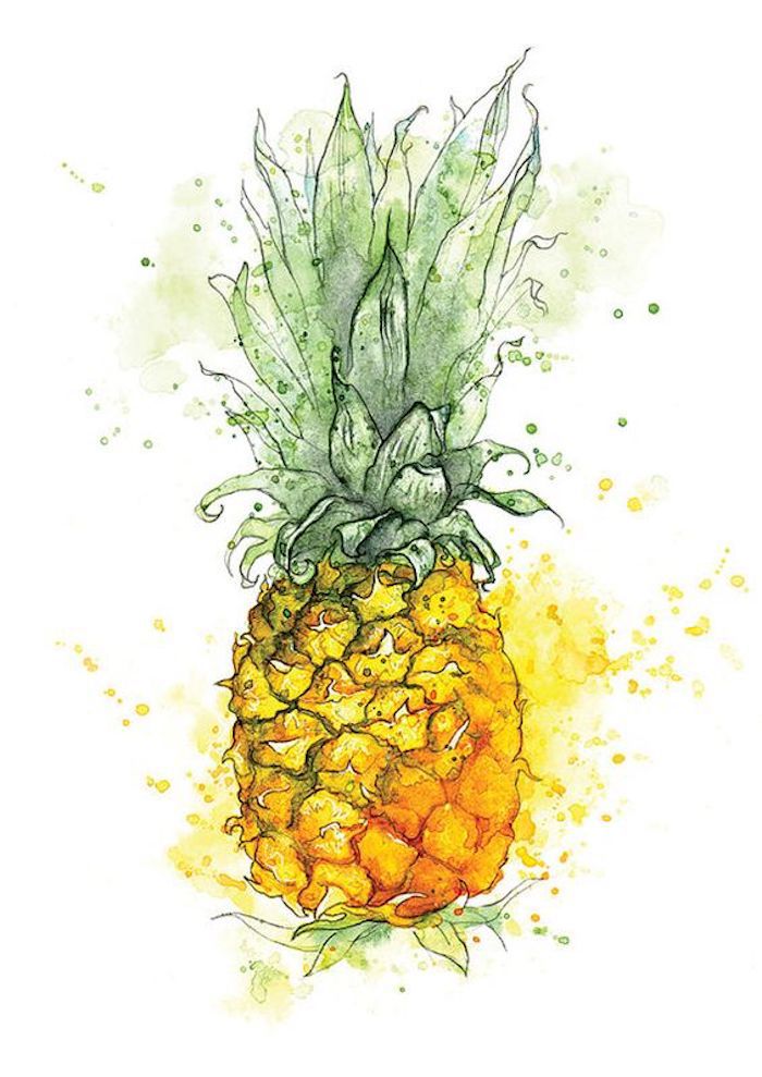 Ananas zeichnen mit Aquarellfarben, Früchte zeichnen lernen, leichte Zeichnungen für Anfänger