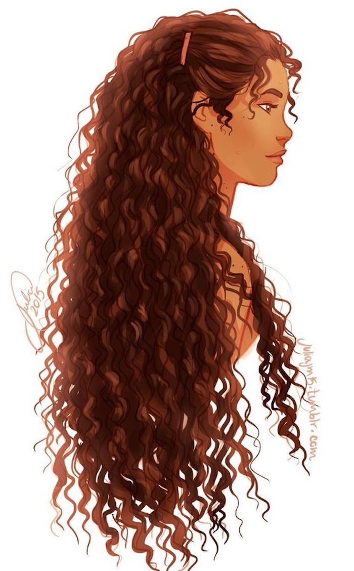 Frau mit langen lockigen braunen Haaren und gebräuntem Teint zeichnen, schönes Bild zum Nachmalen