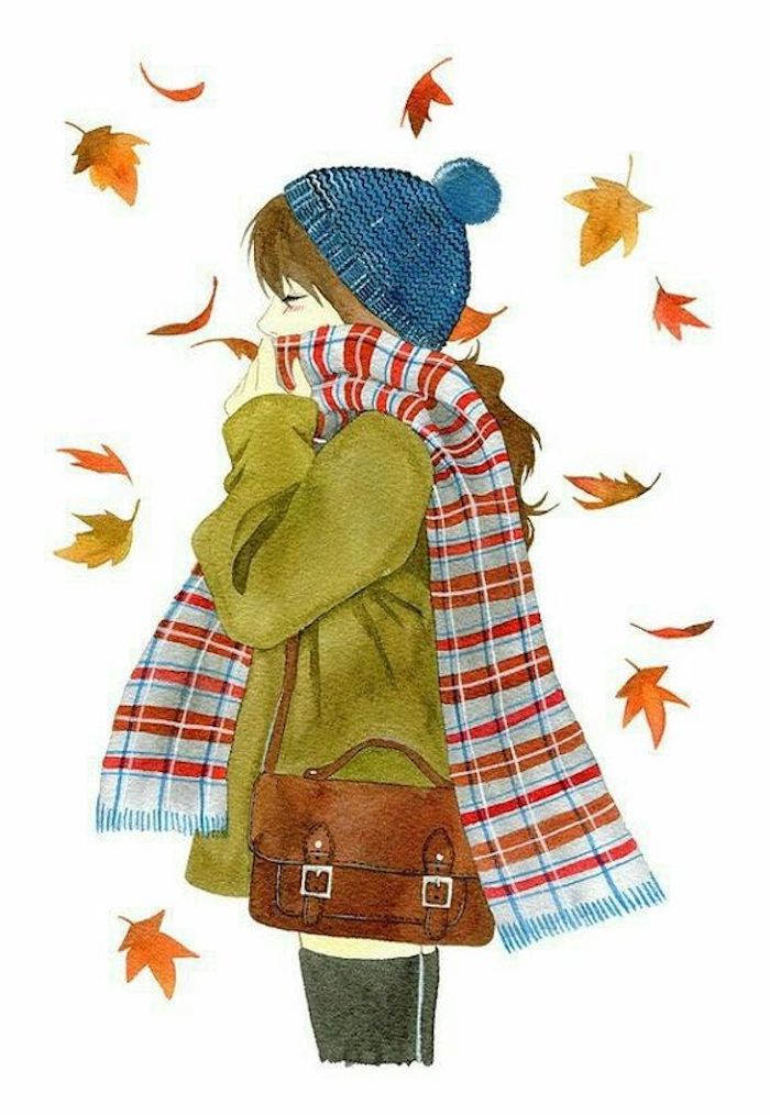 Mädchen mit Mütze und Schal, grüne Jacke und braune Ledertasche, bunte Herbstblätter 