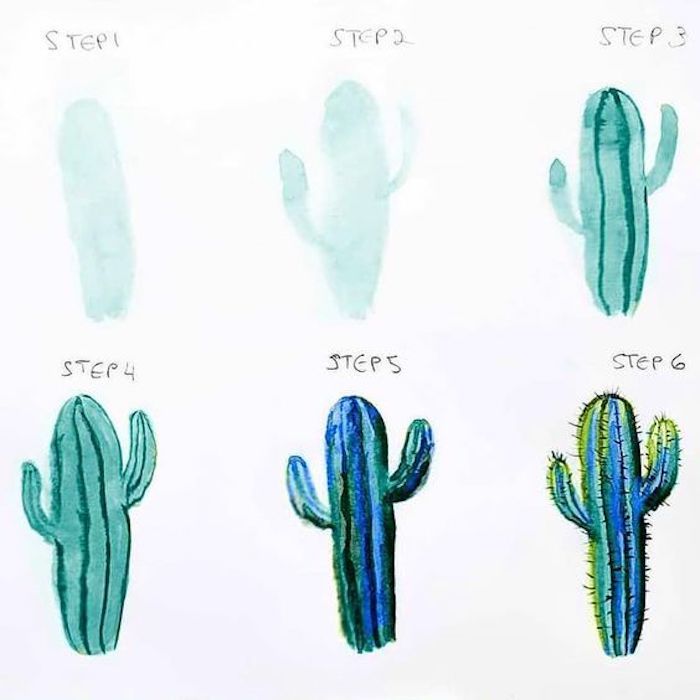 Wie zeichnet man einen Kaktus, Anleitung in sechs Schritten, Malen mit Aquarellfarben für Anfänger