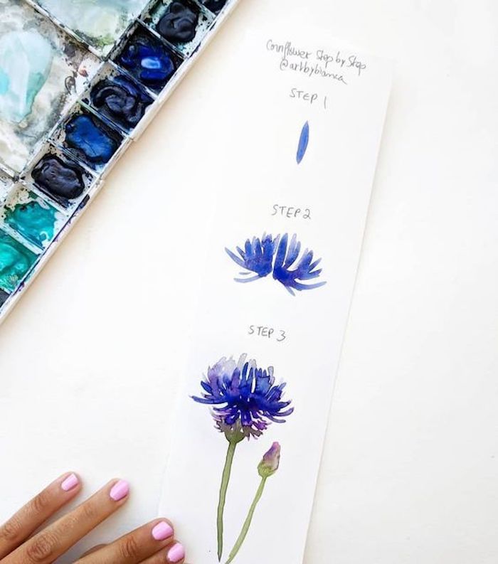 Blume zeichnen lernen, schönes Bild zum Nachmalen, Malen mit Aquarellfarben für Anfänger