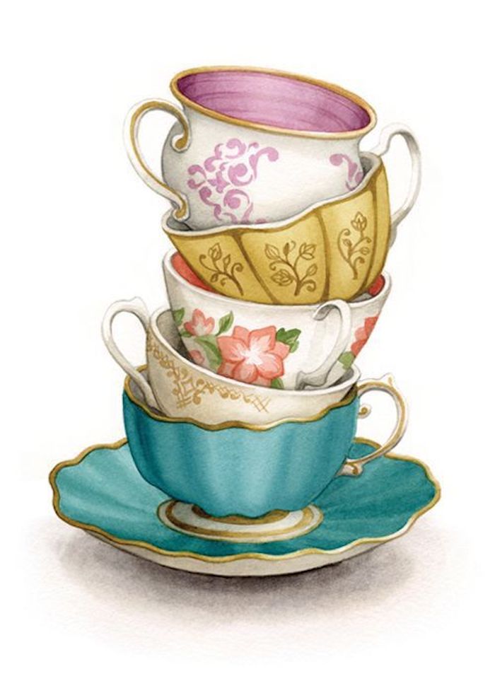 Teetassen aus Porzellan aufeinander gestellt, mit Blumen Motiven, schönes Bild zum Nachmalen