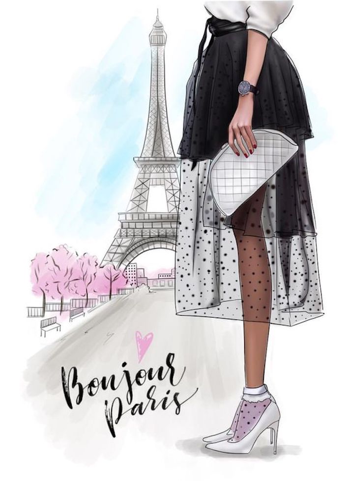 Schönes Bild zum Nachmalen, der Eiffelturm und Aufschrift Bonjour Paris, Frau mit langem schwarzem Rock und weißen High Heels