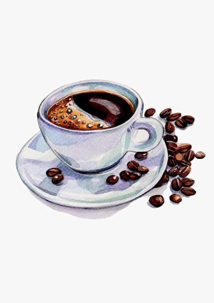  Tasse heiße Kaffee und Kaffeebohnen, weiße Tasse aus Porzellan, schönes Bild zum Nachzeichnen
