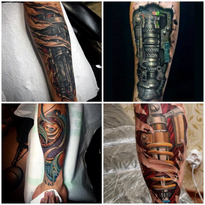 die besten tattoos für männer, farbige tätowierungen mit maschinenteilen als motiven