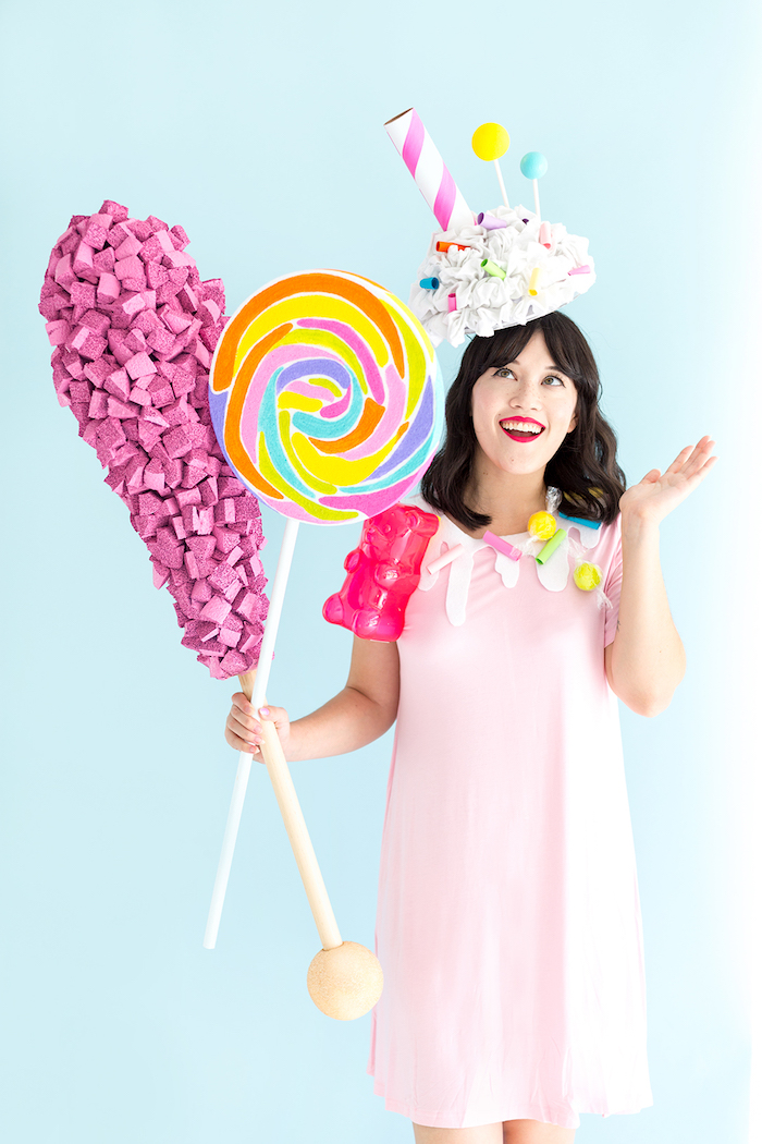 Riesiger Lutscher und Gummibärchen aus Styropor, Milchshake Kostüm für Frauen, lustige Last Minute Verkleidung