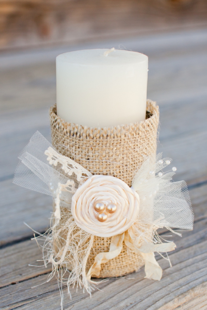 Kerzenständer aus Dose, mit Sackleinen gehüllt, Deko für Hochzeit, eine weiße Kerze
