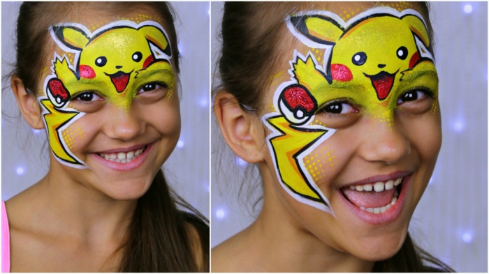 Halloween Schminken Kinder, ein Pikachu Schminke mit herausgesteckten Zungen, Halloween Schminke Kinder